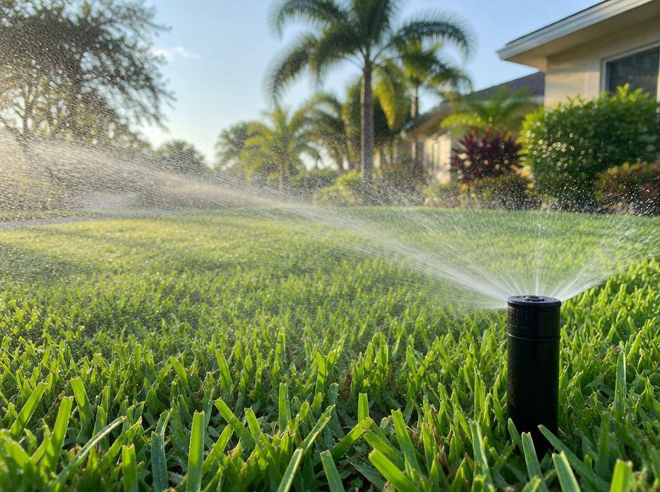 Sprinkler watering a green residential lawn