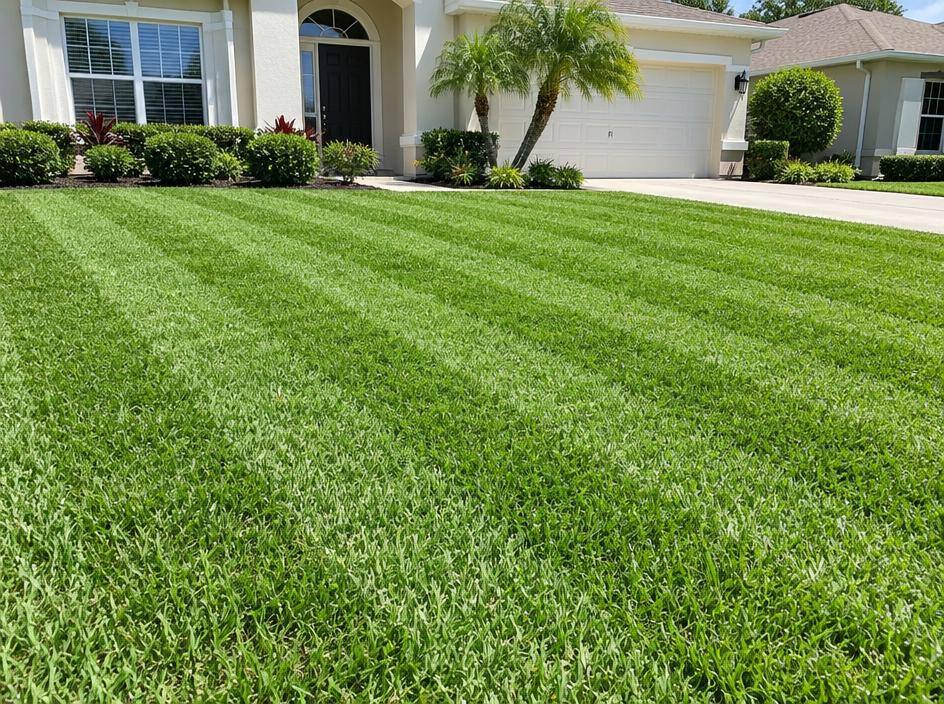 Freshly mowed striped Florida lawn in front of a home