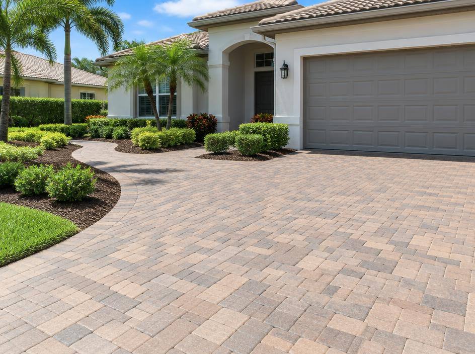 Clean brick paver driveway leading to a Florida home