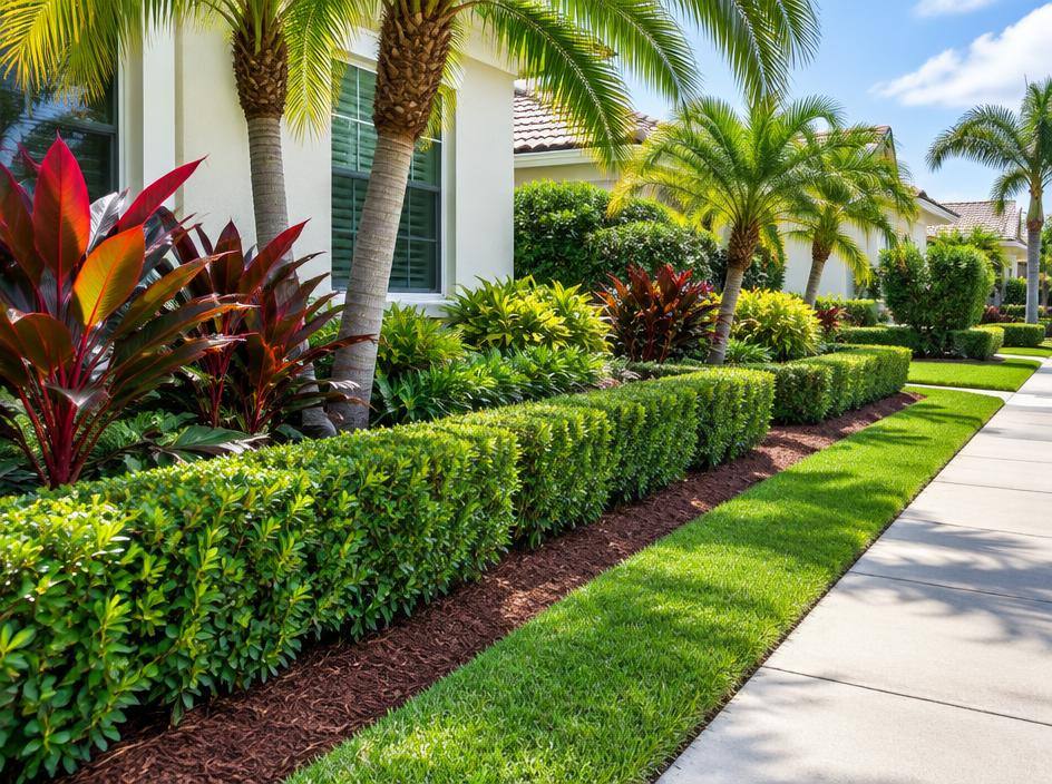 Neatly trimmed hedges and mulched landscape beds along a sidewalk